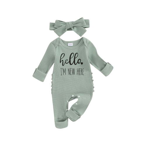 Newborn Baby Girl Clothes Hello I'm New Here Ribbed Jumpsuit Long Sleeve Ruffle Romper with Headband Coming Home Outfits