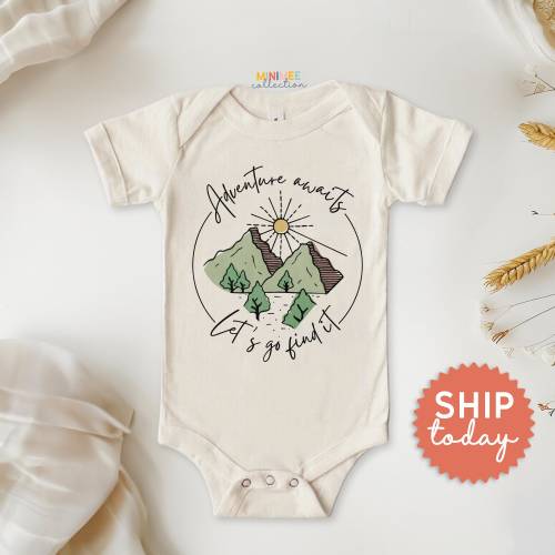 Adventure Awaits Let's Go Find It Onesies® Brand, Adventurer Baby Bodysuit, Hiking Baby Clothes, Camping Baby Gift, (BC-TRE21)