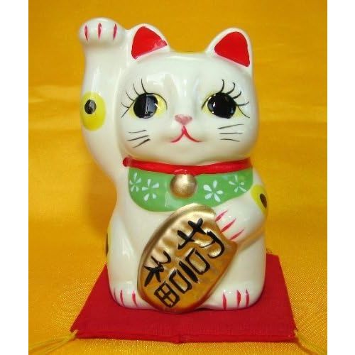 Feng Shui Import White Japanese Pottery Maneki Neko Beckoning Money Good Fortune Lucky Cat with Right Hand Up