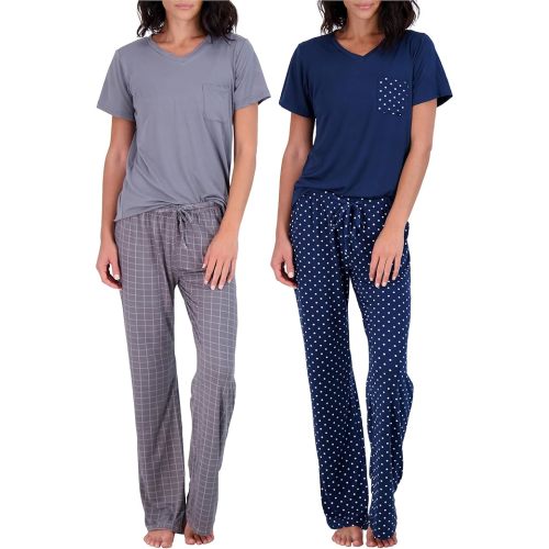 Real Essentials 2 Pack: Women's Pajama Set - Choose from Short Sleeve with Pocket or Long Sleeve without Pocket