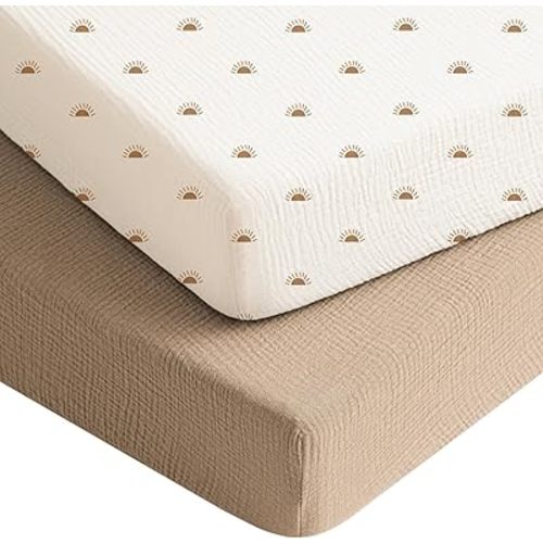 Konssy Muslin Crib Sheets for Boys, Soft Cotton Neutral Baby Sheets for Standard Crib Mattress 2 Pack, 52"x28" (Camel, Sun)