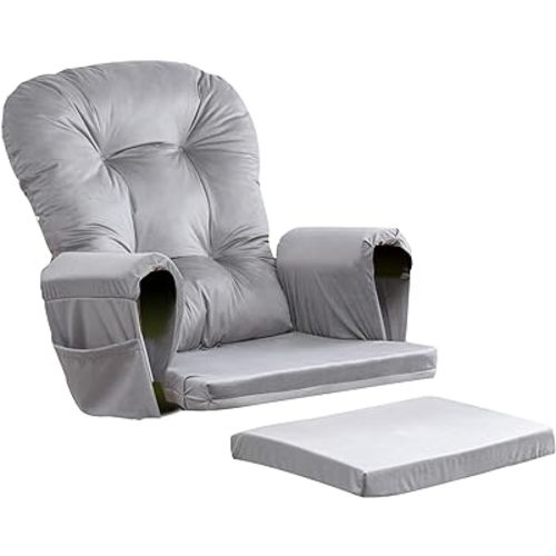 5PCS Rocking Chair Cushion Set Velvet Glider Rocker Replacement Cushions with Ottoman Cushion Storage Pockets for Indoor Nursery Glider Rocking Chair, Gray