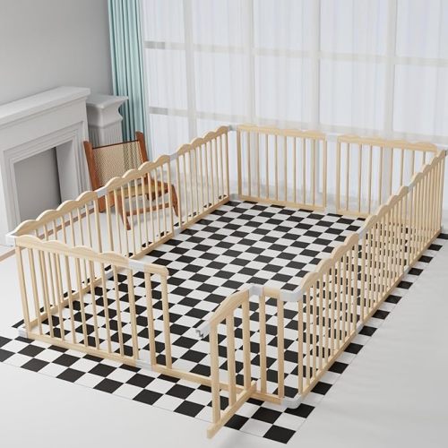 KOCINI Baby Playpen, Wooden Playpen for Babies and Toddlers, Large Adjustable Baby Playpen with Locking Gate, Easy to Assemble, Multiple Shapes,Kids Activity Center(62x70x24 Inch)