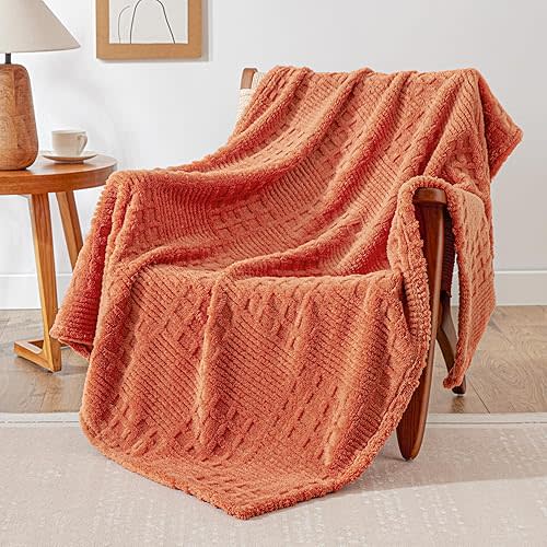 EXQ Home Fall Fleece Throw Blanket for Couch or Bed - 3D Waffle Patchwork Pattern Jacquard Decorative Blankets - Cozy Soft Fuzzy Flannel Blanket Suitable for All Seasons(50"×60",Terracotta)