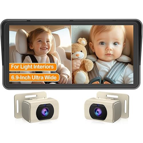 Yakry 2-Kids Baby Car Camera for Seat: 6.9 Inch Split-Screen Display with 2 Cameras Rear Facing - HD 1080P, IR Night Vision, Easy to Install Backseat Camera with 150°Wide Angle White