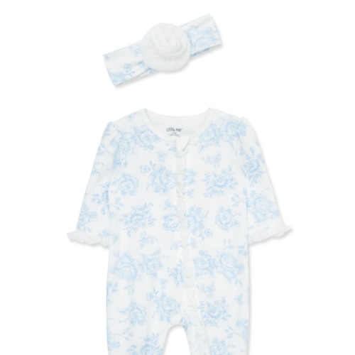 Blue Roses 2-Way-Zip Footed One-Piece And Headband