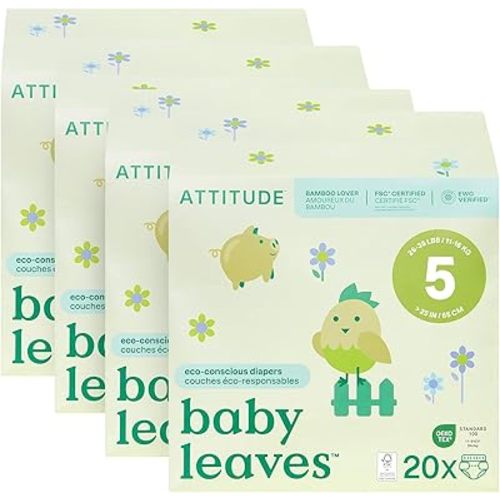 ATTITUDE Eco-Conscious Disposable Diapers, EWG Verified, Size 5 (26-35 lbs), Ultra Absorbent for Baby, Vegan & Plant-Based, 20 Count (Pack of 4)