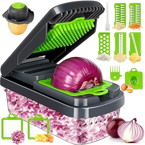 Vegetable Chopper,12-in-1 Multifunctional Food Chopper,Professional Onion Chopper with 7 Blades,Vegetable Cutter with Container for Salad,Potato,Carrot,and Garlic; Essential Kitchen Tool(Grey)