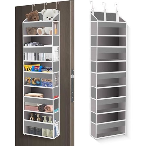 Over the Door Organizer Closet,5 Bins 10 Side Pockets,Hanging Organizer,Anti Tilt 44 lbs Load Organizers and Storage with Clear Window for Bedroom,Nursery,Rv,Bathroom,Camper(Light Grey)