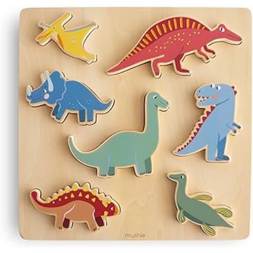 mushie Wooden Dino Puzzle | for Kids 3 Years+ | Preschool Educational & Toddler Montessori Toys (7 pcs)