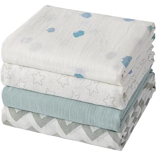 POMISO Muslin Swaddle Blankets for Boys & Girls, Newborn Receiving Blankets, 4 Pack Soft Breathable Baby Swaddles, Large 47x47 Inches, Stars & Striped