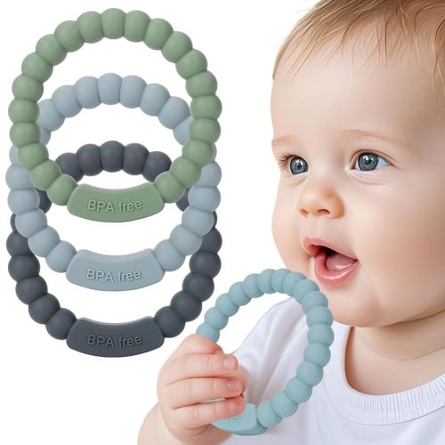 3Pack Baby Teether Toys- 100% Food-Grade Silicone Teething Ring Toys for 0-3,3-6 Months- One-Piece Soft Beaded Teethers Ring for Baby Teething Relief 6-12, 12-18 Months | Easy to Grip Toy