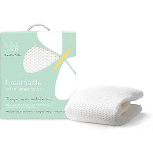 Lullaby Earth Breathe Safe Air Breathable Crib Mattress Pad, Removable Mattress Cover with Waterproof Layer for Baby and Toddler Beds, Standard Crib Size White