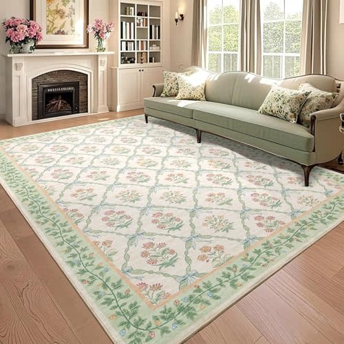 ROYHOME 5x7 Area Rugs for Living Room, Washable Rug for Bedroom Girl with Coquette Bow Floral Pattern Non Slip Low-Pile Stain Resistant Throw Carpet for Dining Room Dorm Nursery, Light Green