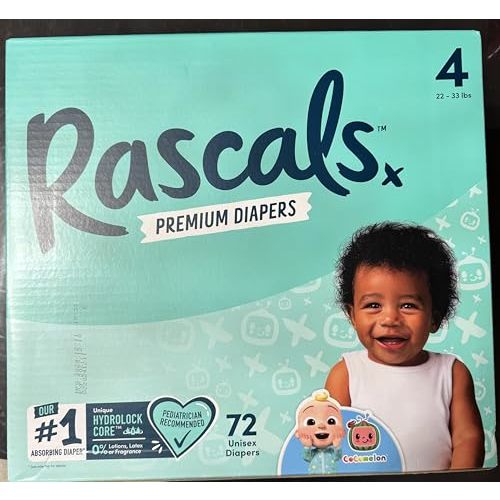 Rascals Premium Diapers, Size 4, 22-33 lbs, 72 Count, Unisex