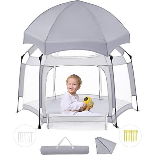 Babelio Pop up Baby Tent, Travel Playpen for Babies, Indoor and Outdoor, Portable/Foldable Play Yard W/Canopy, Travel/Nap, Sun Protection, One-Touch Storage- Light Grey