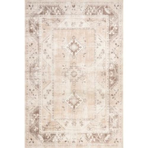 Ellamae Faded Medallion Machine Washable Beige 4 ft. x 6 ft. Traditional Area Rug