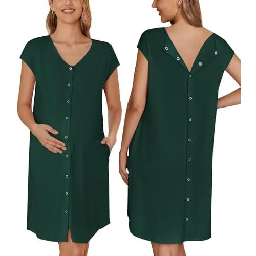 Ekouaer Labor/Delivery/Hospital Gown Nursing Nightgown Maternity Sleepwear With Pockets Postpartum Gowns with Button S-XXL