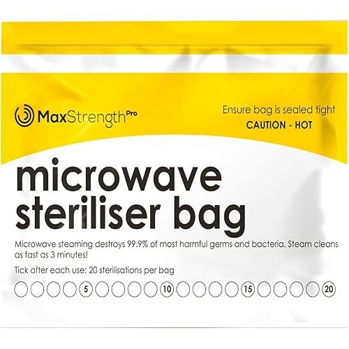 Premium Microwave Sterilizer Bags (20pcs) by Max Strength, Large & Durable Steam Bags for Baby Bottles, Soothers, Teethers & Training Cups, 20 Uses Per Bag & Marking System