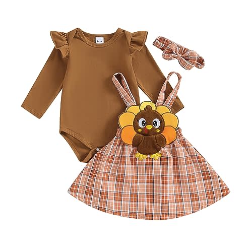 Frietlebird Newborn Baby Girl Fall Winter Outfits Thanksgiving Christmas Outfit Long Sleeve Romper Suspender Skirt Set 3Pcs