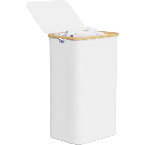 SpaceAid Laundry Hamper with Lid, 110L Large Tall Clothes Basket Bin with Bamboo Handles, Collapsible Laundry Hamper for Bedroom, Bathroom, Dorm, Laundry Room - White