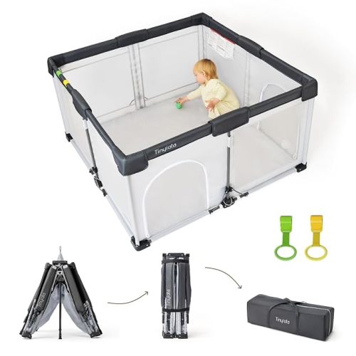Tinyiota Foldable Baby Playpen, 50x50 Inch Portable Play Yard for Babies and Toddlers with Soft Breathable Mesh, Storage Bag & 2 Pull-Toy Handles for Indoor & Outdoor (Grey, 50x50)