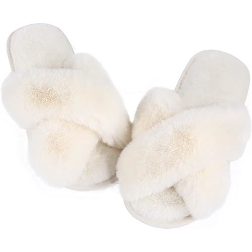 Ankis Womens Fuzzy Memory Foam Slippers Cross Band Cozy Plush Home Slippers Fluffy Furry Open Toe House Shoes Indoor Outdoor Slide Slipper