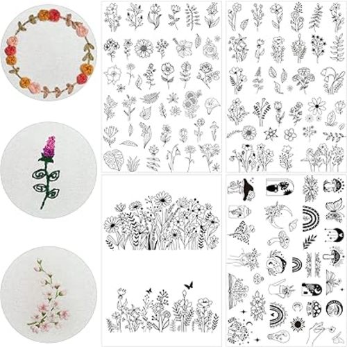 Water Soluble Embroidery Paper - 4 Sheet Stick and Stitch Embroidery Paper Wash Away, Water Soluble Stabilizer for Embroidery, Mushroom Butterfly Boho Flower Patterns, Suprise for Hand Sewing Lover