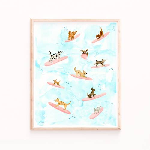 Dogs Surfing Print, Surf Wall Art, Dog Lover Gifts, Bedroom Prints, Bathroom Decor, Dogs Illustration, Watercolor Prints Ocean Dogs