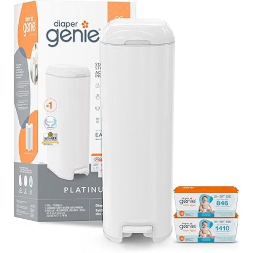 Diaper Genie Platinum Pail (Lilly White) is Made of Durable Stainless Steel and Includes 1 Easy Roll Refill with 18 Bags That can Last up to 5 Months.