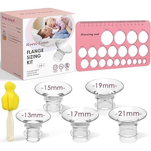 Flange Sizing Kit 3 in 1 Ultimate with 5PCS Flange Inserts 13/15/17/19/21mm, Nipple Ruler, Cleaning Brush, Silicone Flange Insert Kit for 24mm Most Pumps, Pumping Breastfeeding Essentials