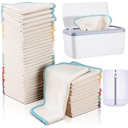 Mixweer 84 Pack Flannel Cloth Baby Wipes with Dispenser Soft Natural Unbleached Baby Face Wipes Reusable Baby Wipes for Cloth Diapers, 8 x 8 Inch Each(Multicolor)