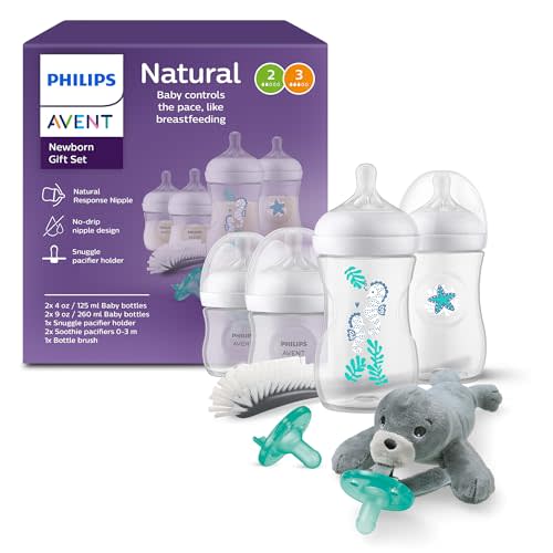 Philips Avent Natural Baby Gift Set, Bottles with Natural Response Nipples, 2X 4oz (Slow Flow, Flow 2) & 2X 9oz (Medium Flow, Flow 3), with Seahorse & Starfish Design, 2X Soothie Pacifiers, SCD838/06