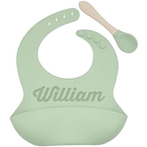Personalized Silicone Bib and Spoon Set with Custom Name, Babies/Toddlers Durable Adjustable with Pocket for Baby Boy & Girl