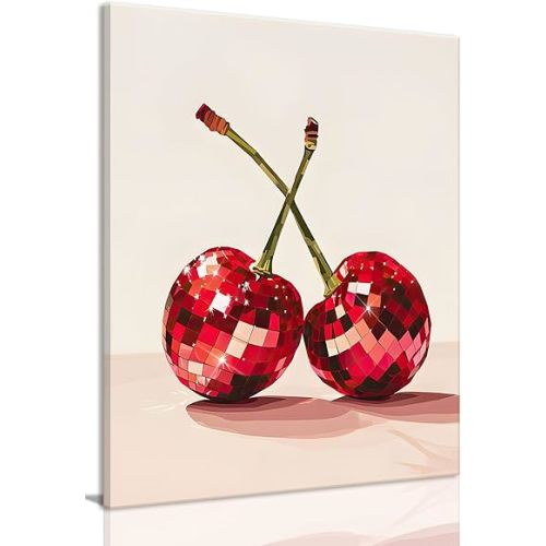 KISSFOX Disco Ball Cherries Canvas Wall Art Red Fruit Wall Art Decor Funky Trendy Aesthetic Framed Art Prints Artwork For Dorm Girls Room Party Theme Bar Cart Apartment, 12x16 in