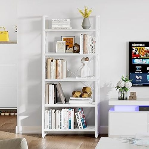 YITAHOME 5 Tiers Bookshelf, Modern White Bookcase, Book Holder Organizer, Display Storage Rack Standing Shelves for Bedroom Living Room/Home/Office, All White