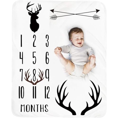Baby Monthly Milestone Blanket Boy - Deer Newborn Month Blanket Neutral Personalized Shower Gift Woodland Nursery Decor Photography Background Prop with Frame Large 51''x40''