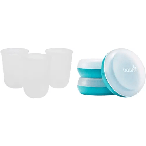 Boon Nursh Reusable Replacement Pouch with Collapsible Silicone Pouch Design Gray - 8 Oz & Nursh Baby Bottle Storage Buns - Baby Bottle Holder for Nursh Baby Bottles Blue and White - 3 Count