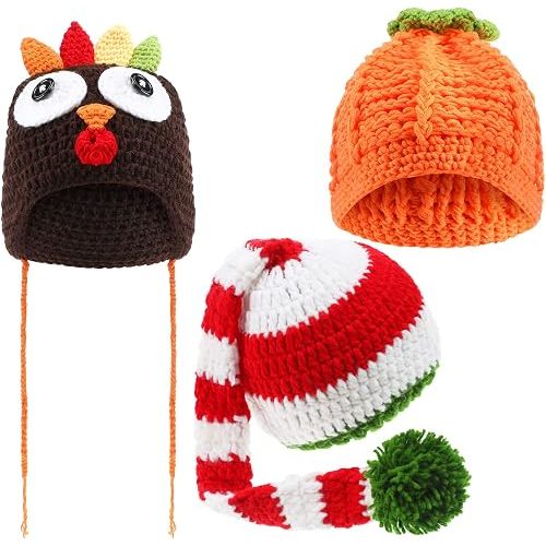 Jiuguva 3 Pieces Baby Crochet Beanie Set, Turkey Hat Pumpkin Beanie and Christmas Long Tail Caps for Unisex Baby Thanksgiving Xmas Halloween Photo Prop
