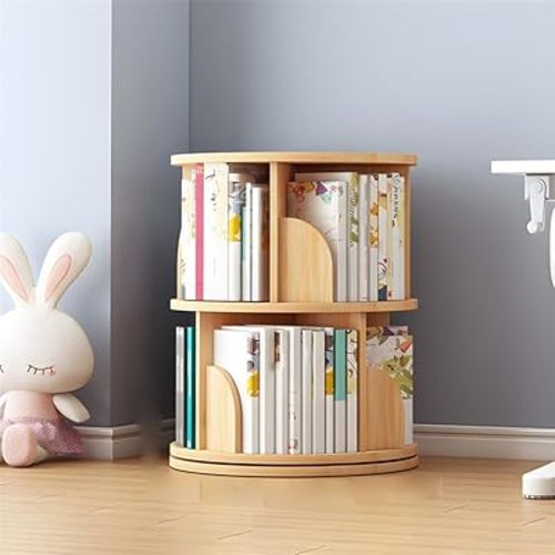 NIUYAO Round Rotating Bookcase 360 Degrees Solid Wood Bookshelf Organizer 2 Tier Storage Book Display Free-standing Rack -Natural 16" L x 16" W x 25.5" H - 16"L x 16"W x 25.5"H