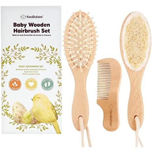 Baby Hair Brush and Baby Comb Set - Wooden Baby Brush with Soft Goat Bristle - Toddler Hair Brush Baby Brush and Comb Set - Baby Brush Set for Newborns - Infant Hair Brush, Cradle Cap (Oval, Walnut)