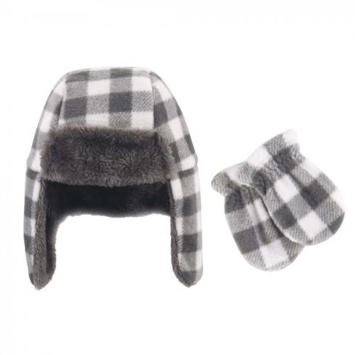 Hudson Baby Infant and Toddler Fleece Trapper Hat and Mitten 2pc Set, Charcoal White Plaid, 12-18 Months
