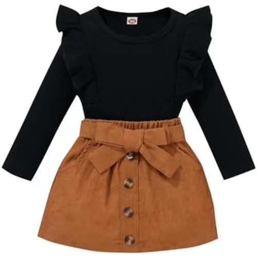 Toddler Baby Girl Skirt Outfit Solid Color Ruffle Long Sleeve Knit Tee Tops Kids Girl Blouse + Skirt 2PCS
