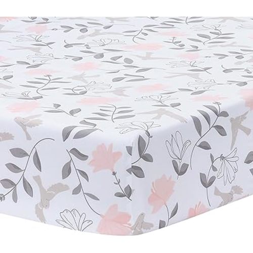 Lambs & Ivy Petals White/Pink/Gray Floral 100% Cotton Fitted Crib/Toddler Sheet