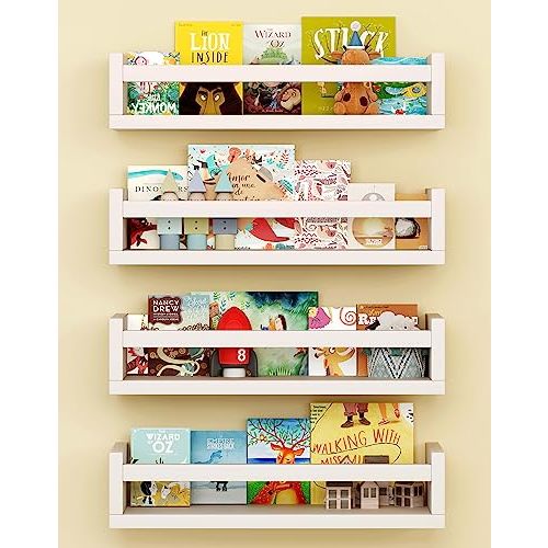 Onlysky Set of 4 Wall-Mounted Kid's Bookshelf - White Floating Nursery Book Shelves - Durable Wood Construction - Ideal for Nursery Decor, Kids Room, Toy Storage