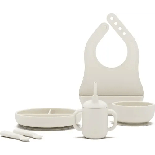 Lalo First Bites Silicone Baby Feeding Set - Baby Led Weaning Supplies - Non-Toxic Silicone - Includes 1 Bib, 2 Spoons, Training Cup, Suction Plate and Bowl - 6 Pieces - Oatmeal