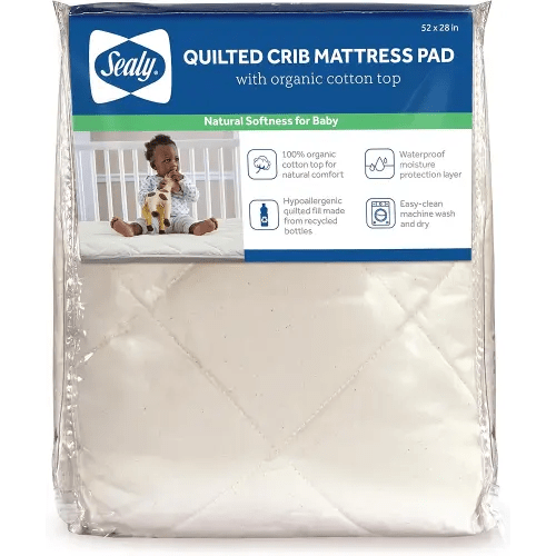 Sealy Baby Quilted Organic Cotton Top Breathable Waterproof Fitted Toddler Bed and Baby Crib Mattress Pad Cover Protector, Noiseless, Machine Washable and Dryer Friendly, 52 x 28 - Cream