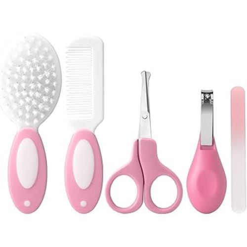 Baby Grooming Kit,Baby Health Care Kit,Baby Brush Soft Bristles 5 pcs Baby Nail Kit Nursery Care Kit Baby Hair Brush Hair Comb Nail Kit Safety Cutter Nail Clipper Set Pink