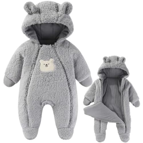 Fairy Baby Newborn Baby Winter Snowsuit Bear Thick Romper Footie Double Zip Hooded Jumpsuit Fleece Coat Infant Boy Girl 0-12M