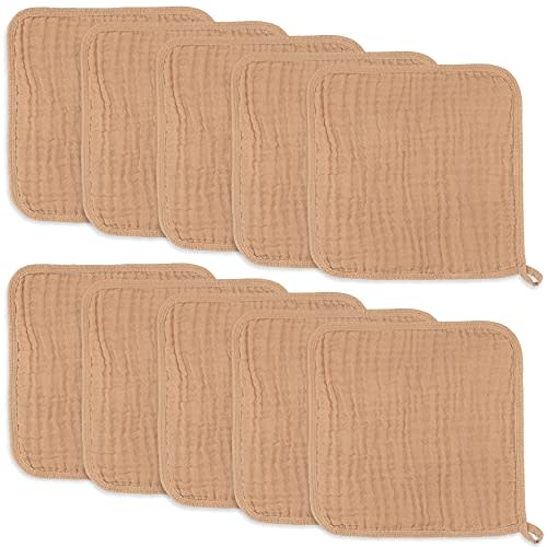 Baby Washcloths, Muslin Cotton Baby Towels, Large 10”x10” Wash Cloths Soft on Sensitive Skin, Absorbent for Boys & Girls, Newborn Baby & Toddlers Essentials Shower Registry Gift (Caramel, Pack of 10)